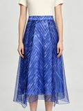 Summer French-Style Bright Blue Printed Skirt with Elastic Waistband, Sheer Chiffon, Flowy Vacation-Style Long Skirt