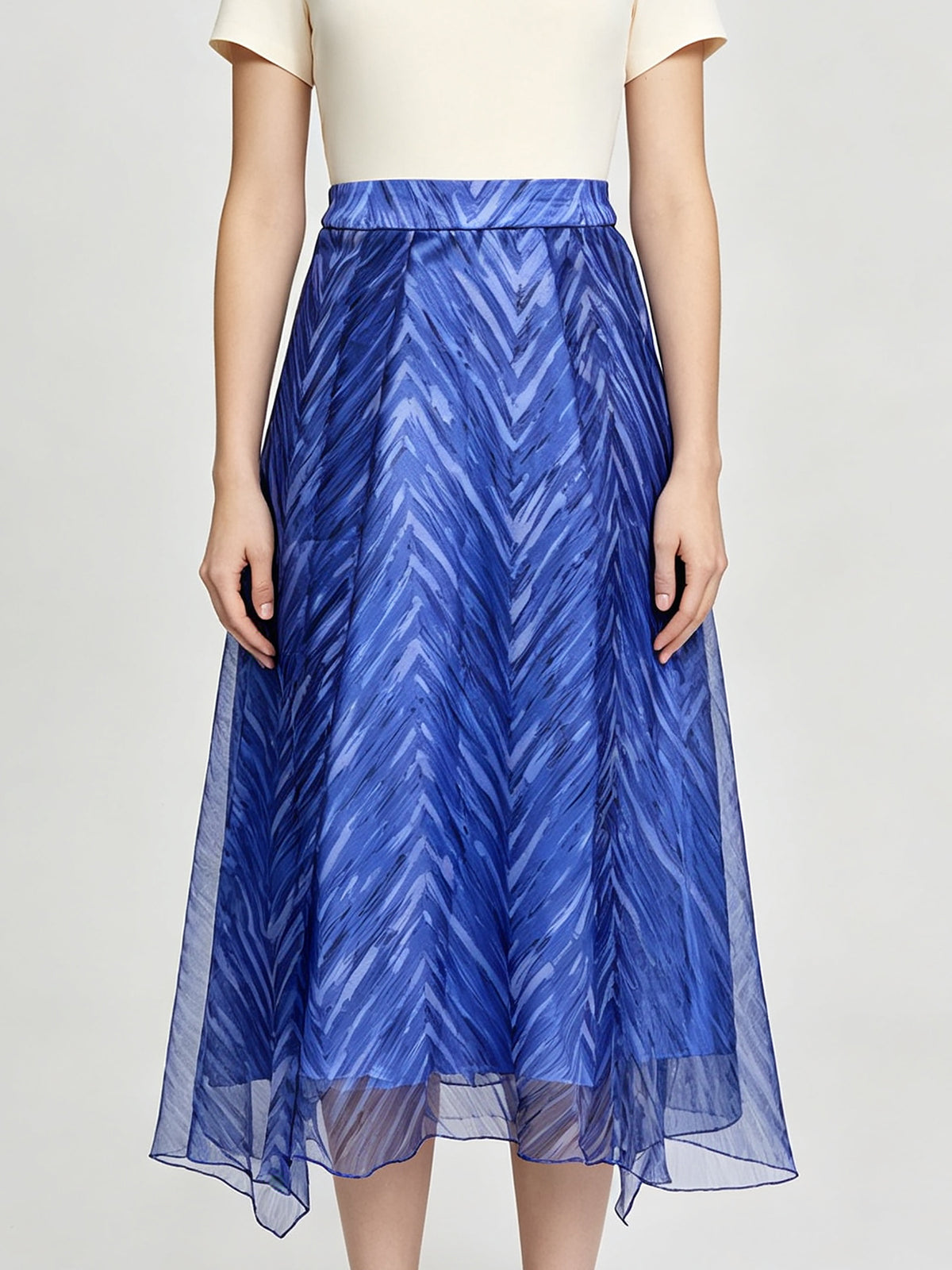 Summer French-Style Bright Blue Printed Skirt with Elastic Waistband, Sheer Chiffon, Flowy Vacation-Style Long Skirt