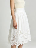 French Style High Waist Pleated Skirt Ribbed Waistband Scallop Cutwork Floral Hem Breathable Casual Summer White Midi Skirt