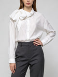 Chic Women Statement Bow Collar Blouse, White Long Sleeve Loose‑Fit Shirt for Work & Daily Occasions