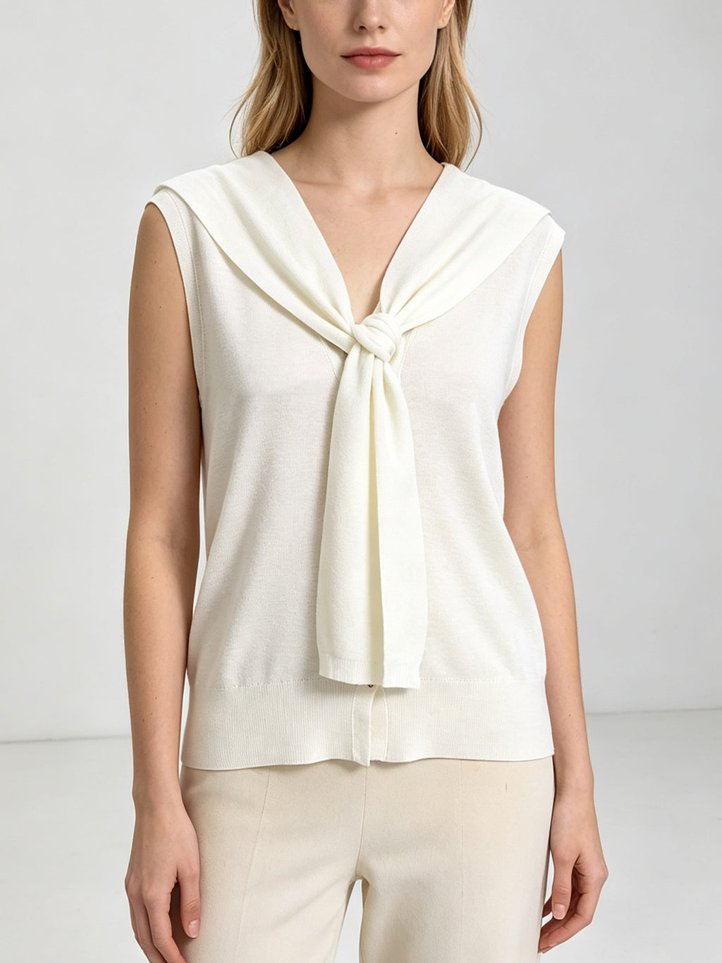 Wear Cream Knit Vest Sailor Bow Collar V‑Neck Button Sleeveless Sweater For Ladies