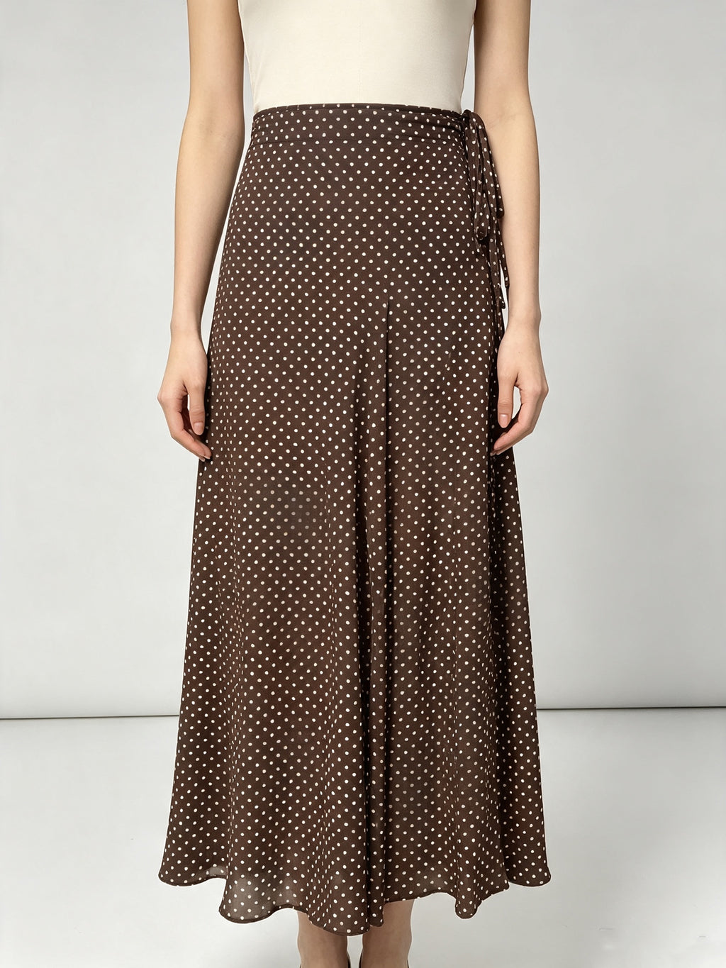 Retro Brown Polka Dot Sheer Chiffon Long Skirt Adjustable Side Tie Waist A-Line Fishtail Skirt For Vacation Daily Wear