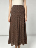 Retro Brown Polka Dot Sheer Chiffon Long Skirt Adjustable Side Tie Waist A-Line Fishtail Skirt For Vacation Daily Wear