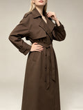 Elegant Women’s Dark Brown Maxi Trench Coat | Wide Lapel Cape Yoke Double‑Breasted Self‑Tie Waist Belt Long Outerwear
