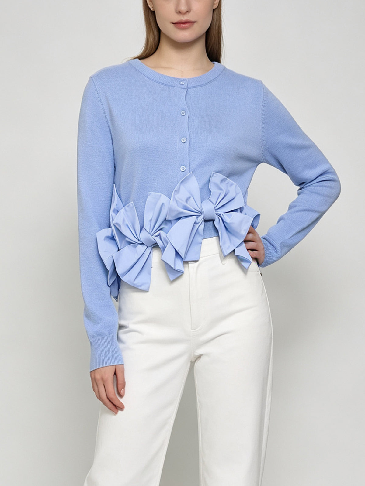 Chic Women Statement Bow Knit Cardigan, Round Neck Long Sleeve Knitted Jacket Daily Party Outerwear