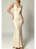 Cream U‑Neck Sleeveless Mermaid Maxi Dress, Elegant Fitted Floor‑Length Formal Evening Gown for Bridesmaid Wedding Guest
