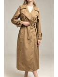 Classic Women’s Khaki Maxi Trench Coat | Notched Wide Lapel Self‑Tie Belt Waist Buckle Cuff Casual Outerwear