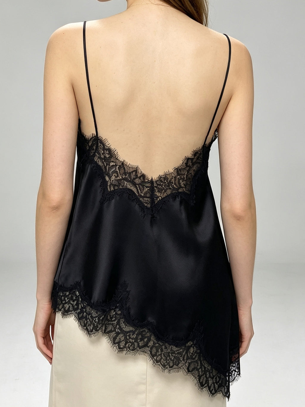 Elegant Black Silk-Like Satin Camisole Eyelash Lace Cutout Loose Backless Sleepwear Top For Home Layering