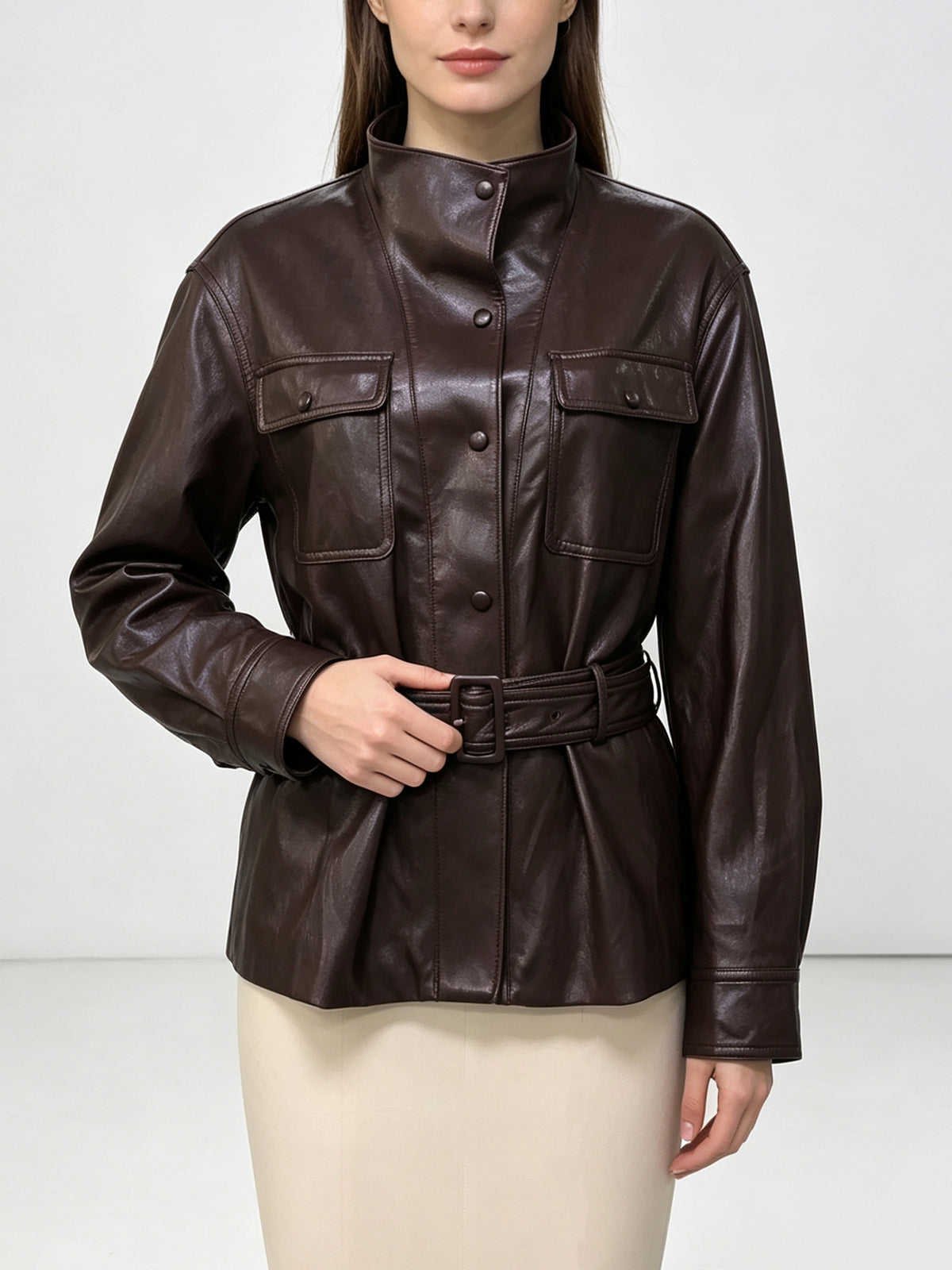 Women Stand‑Collar Faux Leather Field Jacket Dark Brown Belted Waist Utility Coat With Pockets