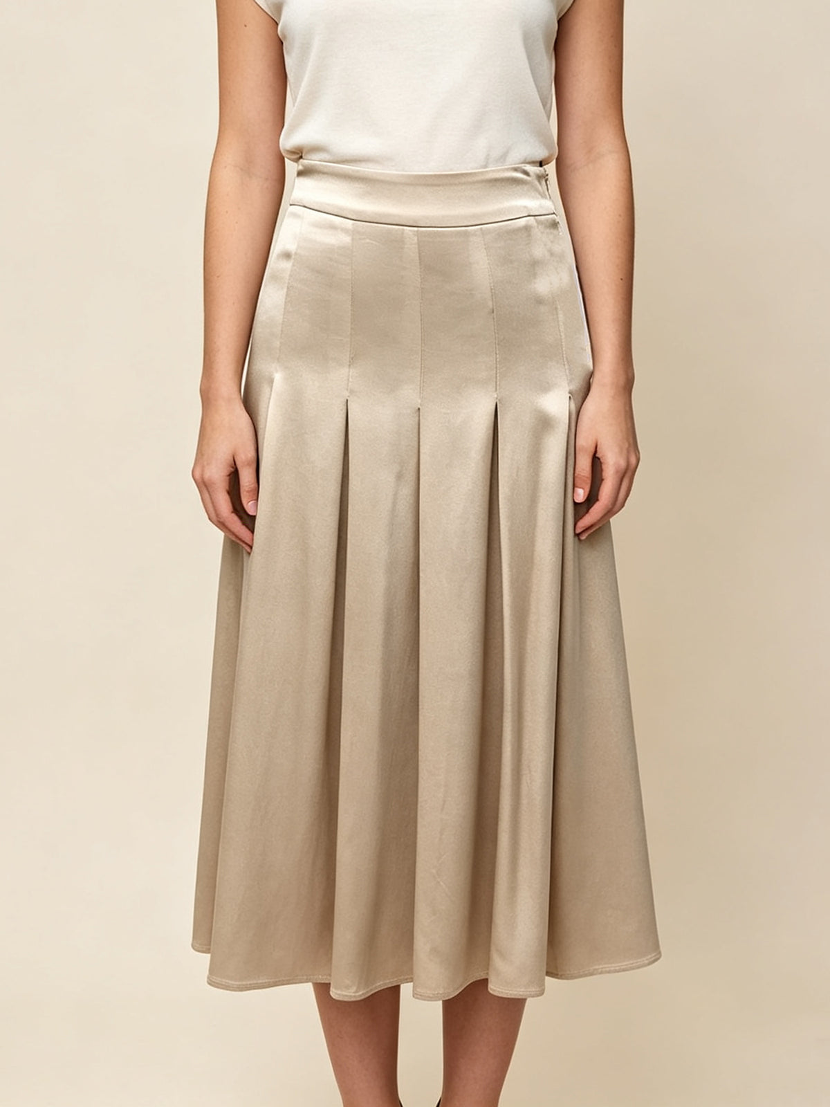 Women High‑Waist Beige Satin Pleated Midi Skirt, Smooth Glossy Fabric A‑Line Swing Formal Skirt