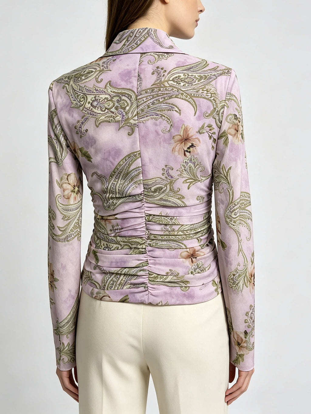 Soft Dusty Purple Paisley Floral Printed Shirt Collar Button Down Ruched Waist Cropped Fitted Long Sleeve Casual Work Blouse