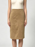Women High‑Waist Faux Suede Midi Pencil Skirt Elegant Work Office Skirt Khaki