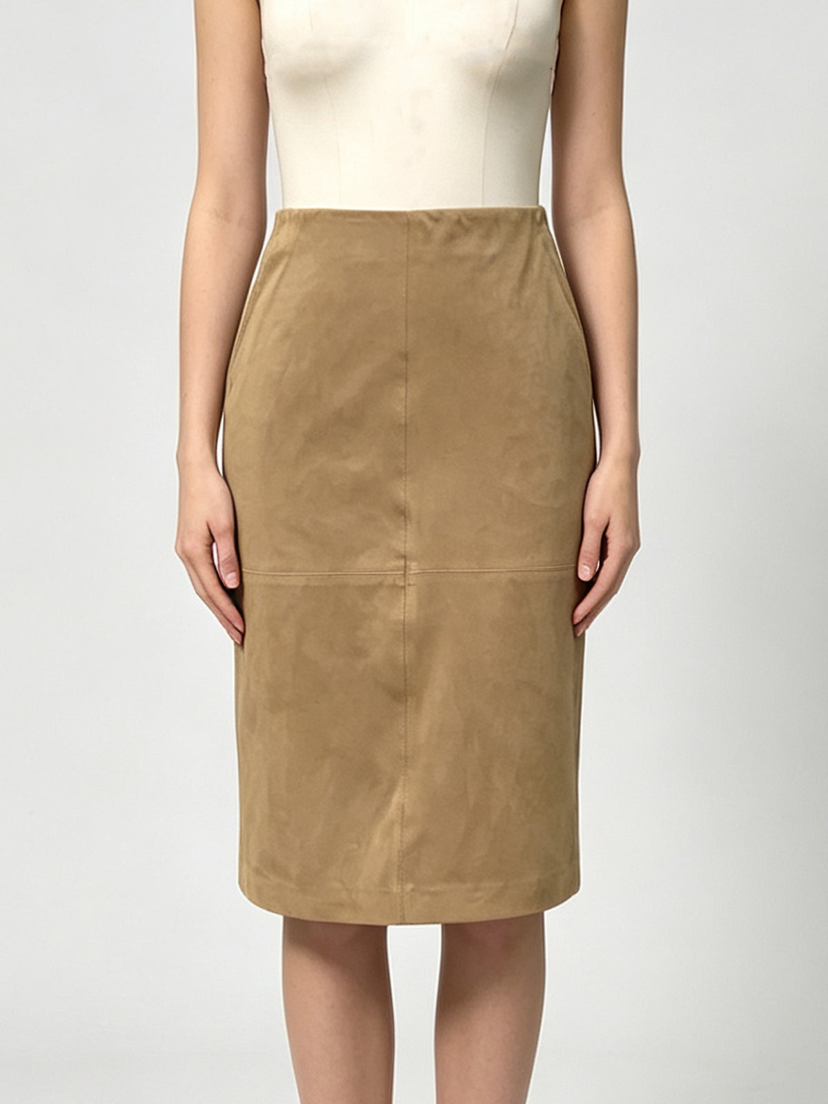 Women High‑Waist Faux Suede Midi Pencil Skirt Elegant Work Office Skirt Khaki