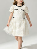 Little Girl Bouclé Tulle Splice Party Dress, Round Neck Black Edge Pearl Decor Flowy A‑Line Special Occasion Dress