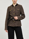 Female Classic Tweed Blazer, Stand Neck Faux‑Leather Tie Belt Gold Metal Buttons Slim Fit Fall Winter Casual Coat
