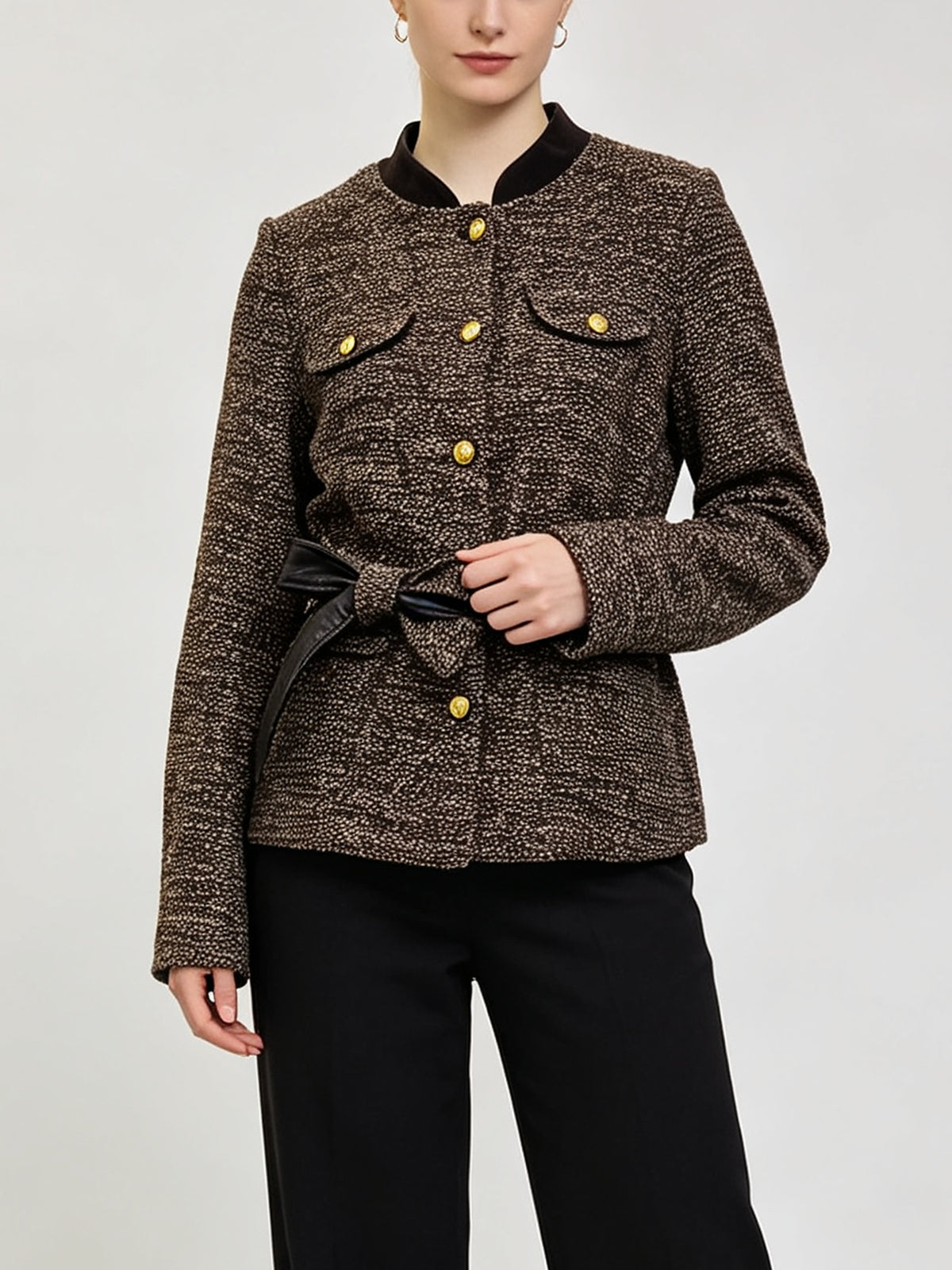 Female Classic Tweed Blazer, Stand Neck Faux‑Leather Tie Belt Gold Metal Buttons Slim Fit Fall Winter Casual Coat