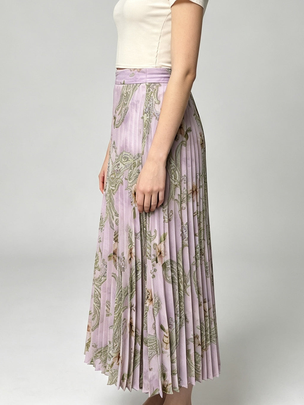 Boho Light Purple Floral Paisley Chiffon Pleated Skirt High Waist A-Line Flowy Casual Vacation Midi Long Skirt
