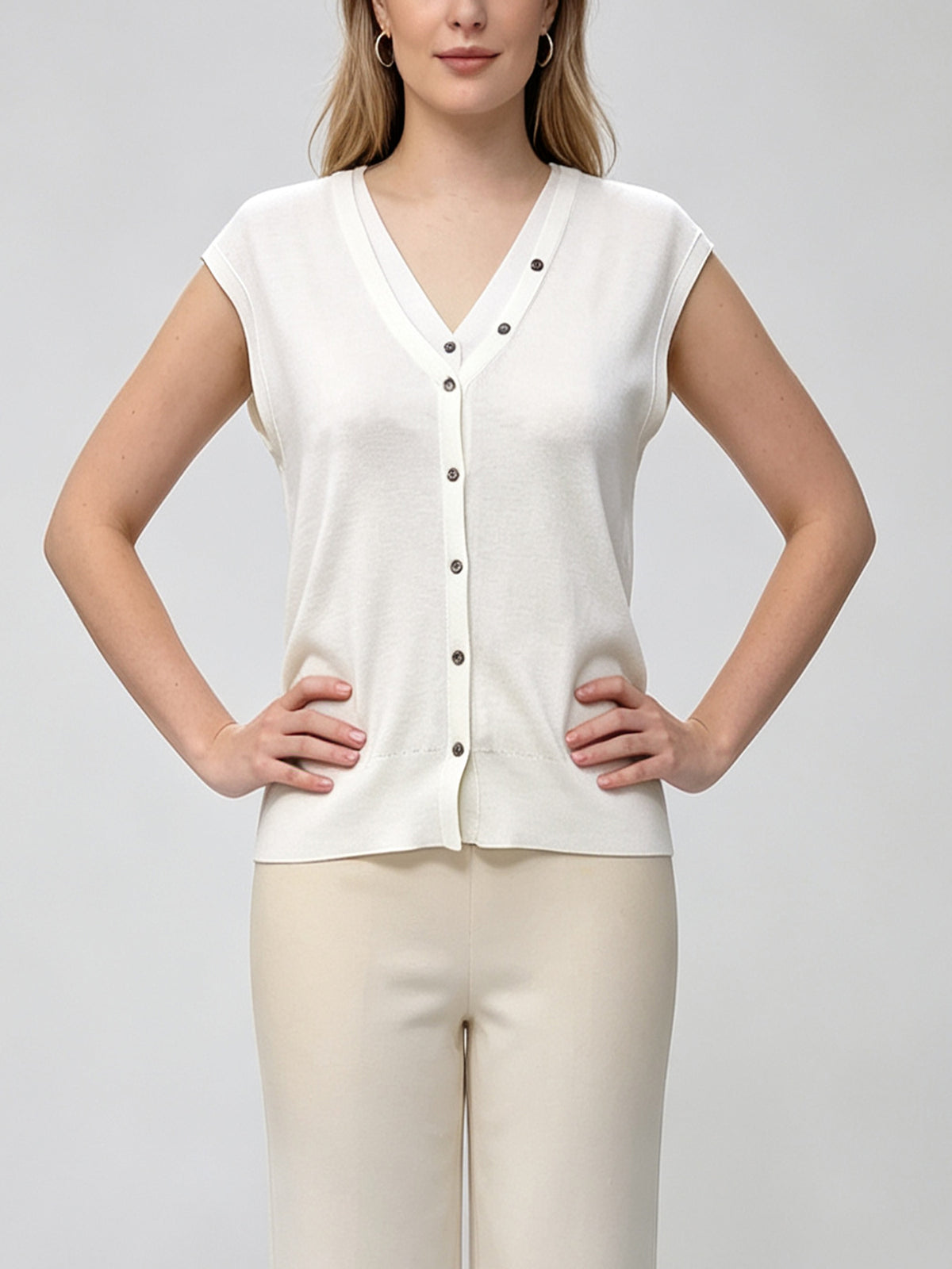 Wear Cream Knit Vest Sailor Bow Collar V‑Neck Button Sleeveless Sweater For Ladies