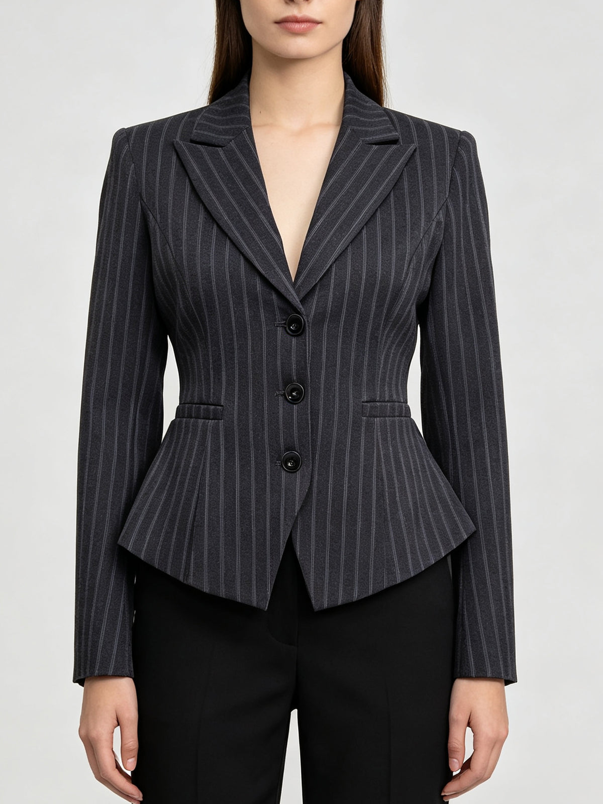 Elegant Striped Formal Suit for Women, Fitted Cropped Blazer, Neck Scarf Tie, High‑Rise Pants & Midi Skirt Office Matching Set