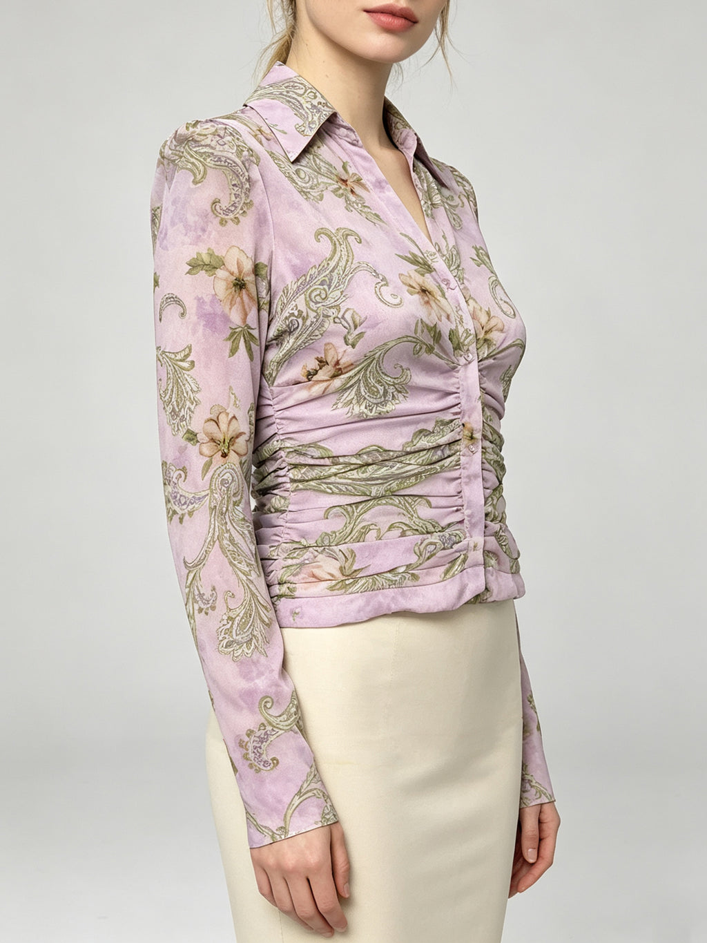 Soft Dusty Purple Paisley Floral Printed Shirt Collar Button Down Ruched Waist Cropped Fitted Long Sleeve Casual Work Blouse