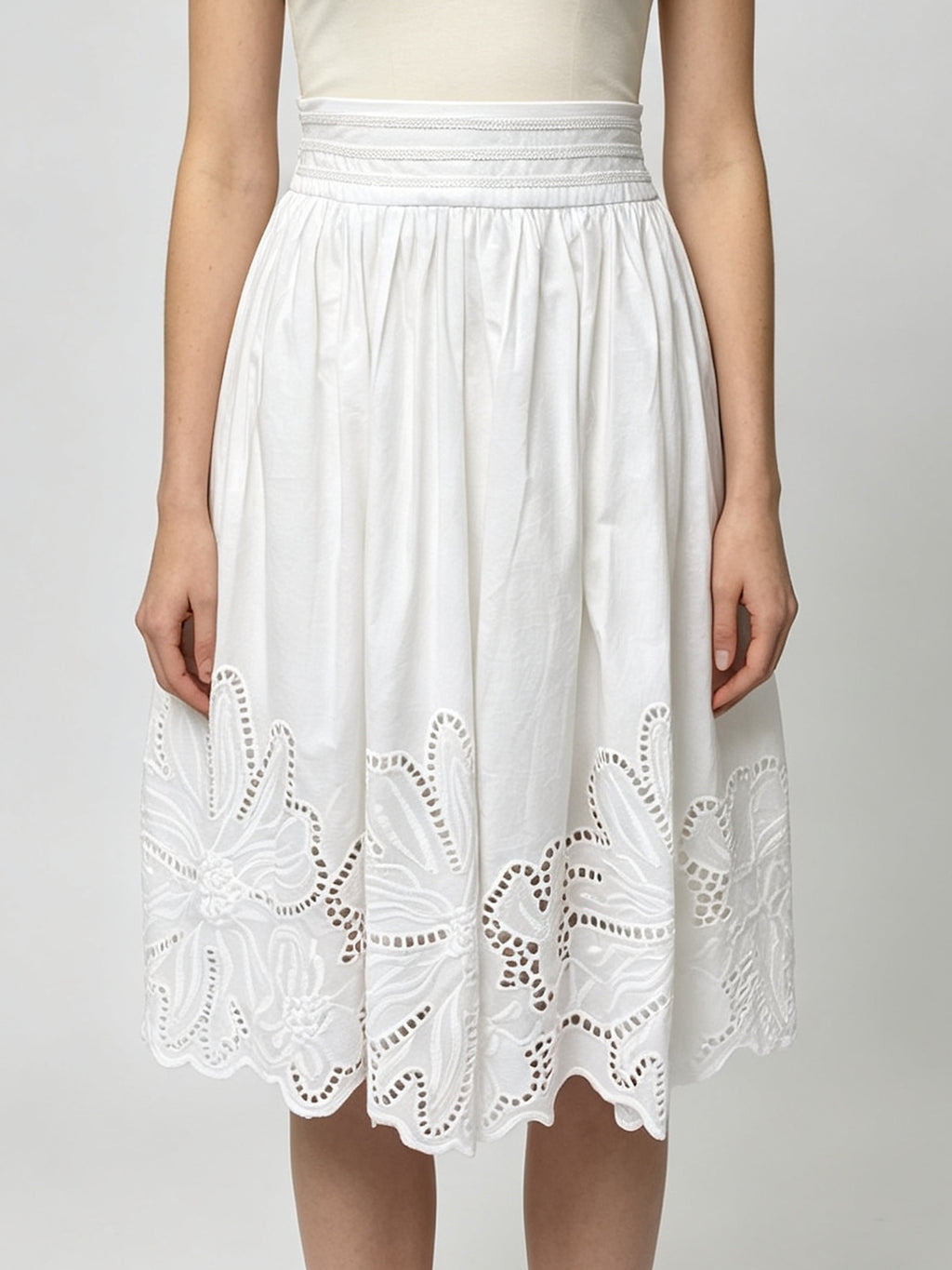 French Style High Waist Pleated Skirt Ribbed Waistband Scallop Cutwork Floral Hem Breathable Casual Summer White Midi Skirt