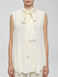 French Commuter V-Neck Tie Blouse Back Gathered A-Line Hem Lightweight Slimming Versatile Sleeveless Chiffon Top