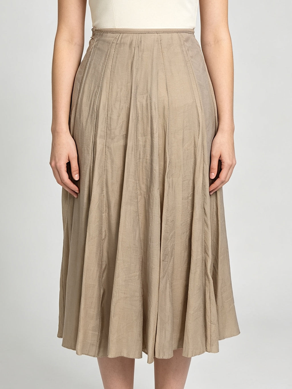 Soft Beige Texture Vertical Pleated Skirt High Waist Flowy A-Line Hem Slimming All-match Spring Summer Work Midi Skirt