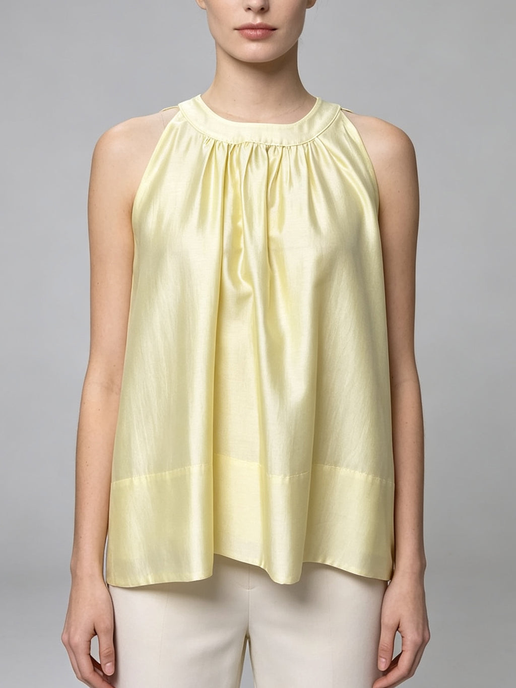 Soft Buttery Yellow Satin-Like Blouse Gathered Neck Back Button A-Line Hem Summer Casual Work Sleeveless Top