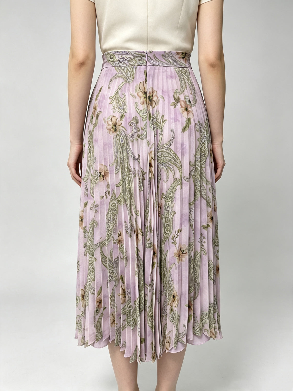 Boho Light Purple Floral Paisley Chiffon Pleated Skirt High Waist A-Line Flowy Casual Vacation Midi Long Skirt