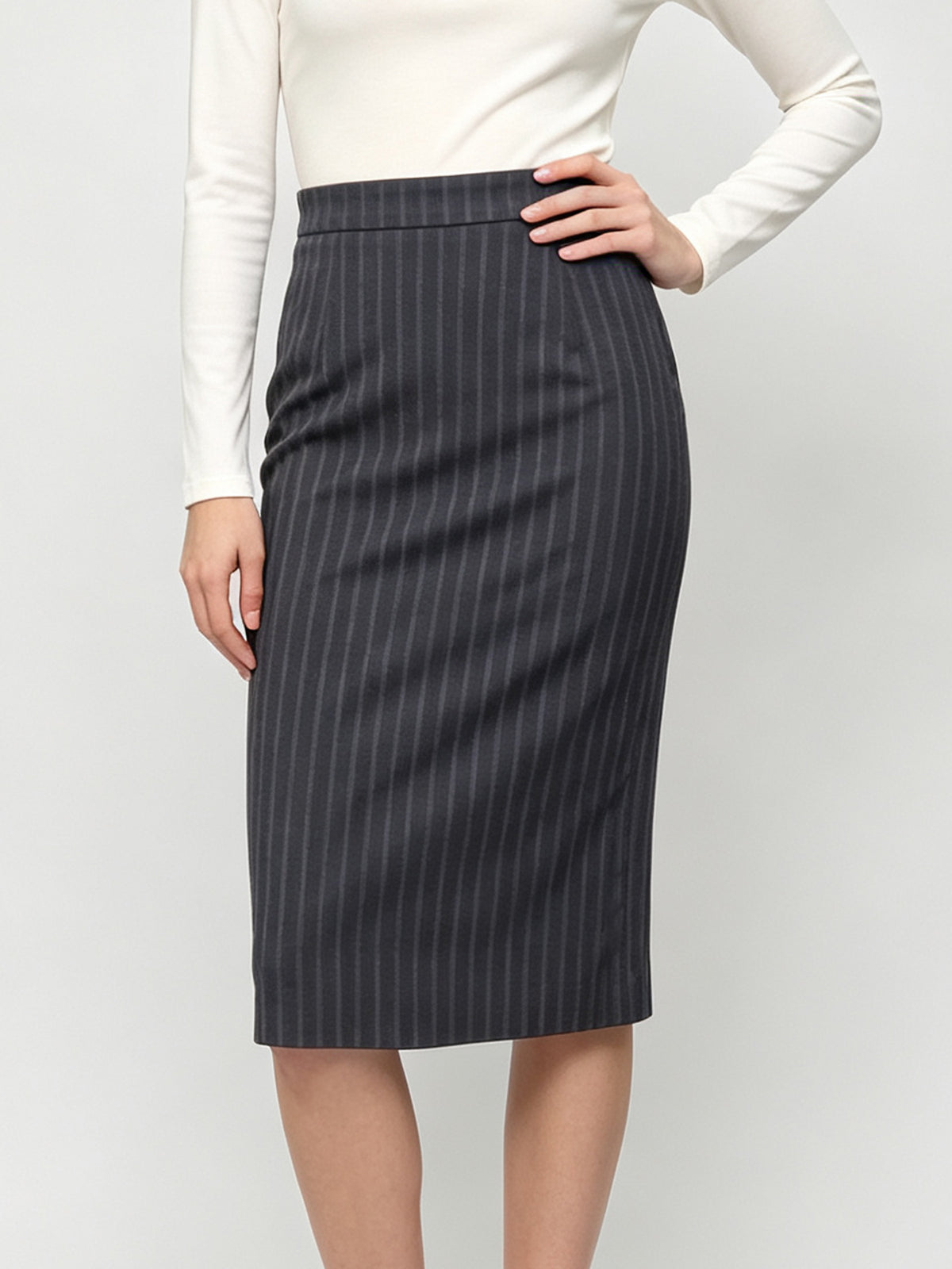 Elegant Striped Formal Suit for Women, Fitted Cropped Blazer, Neck Scarf Tie, High‑Rise Pants & Midi Skirt Office Matching Set
