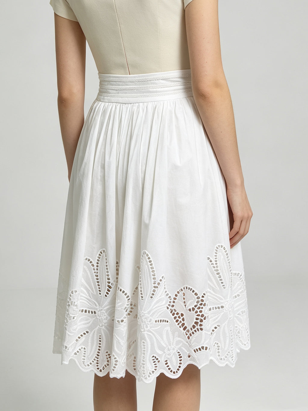 French Style High Waist Pleated Skirt Ribbed Waistband Scallop Cutwork Floral Hem Breathable Casual Summer White Midi Skirt