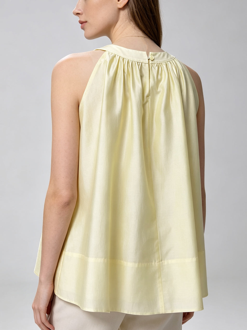 Soft Buttery Yellow Satin-Like Blouse Gathered Neck Back Button A-Line Hem Summer Casual Work Sleeveless Top