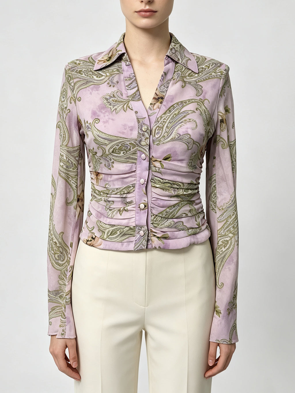 Soft Dusty Purple Paisley Floral Printed Shirt Collar Button Down Ruched Waist Cropped Fitted Long Sleeve Casual Work Blouse