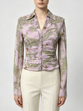 Soft Dusty Purple Paisley Floral Printed Shirt Collar Button Down Ruched Waist Cropped Fitted Long Sleeve Casual Work Blouse