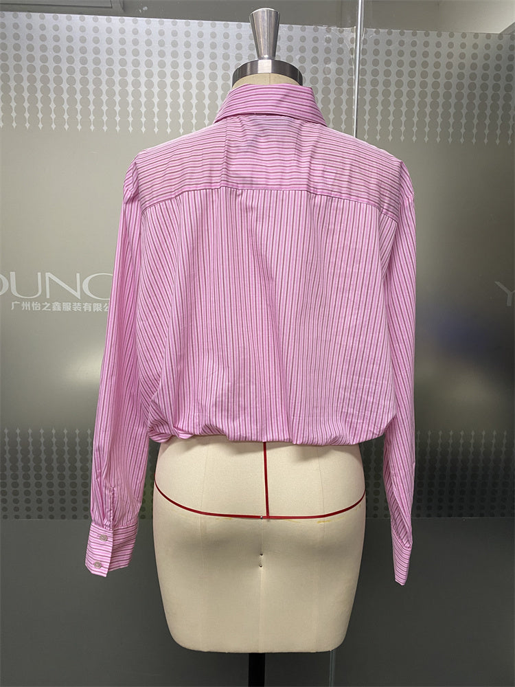 Pink White Striped Cropped Button Shirt | Long Sleeve Oversized Casual Work Top for Women