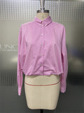 Pink White Striped Cropped Button Shirt | Long Sleeve Oversized Casual Work Top for Women