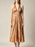 Vintage Paisley Print Halter Neck Midi Dress Sleeveless Deep V‑Neck High Waist Formal Casual Dress