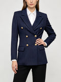 Ladies Striped Double Breasted Work Blazer, Navy Pinstripe Tailored Long Sleeve Business Suit Coat