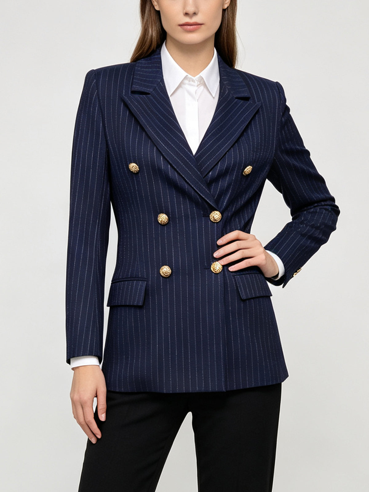 Ladies Striped Double Breasted Work Blazer, Navy Pinstripe Tailored Long Sleeve Business Suit Coat