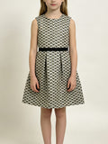 Little Girl Elegant Jacquard Sleeveless Dress, Retro Geometric Pattern Contrast Waist Flared Party Dress