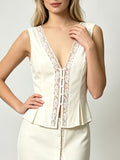 Cream White V‑Neck Lace Trim Sleeveless Corset Vest, Frog Buttons Peplum Hem Fitted Waistcoat Top for Women Party Daily