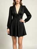Women Deep V Neck Lace Satin Mini Dress Puff Sleeve Front Button Tie Waist Elegant Party Dress