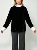Women Loose Velvet Blouse Mock‑Neck Top With White Contrast Collar & Cuffs Elegant Long‑Sleeve Shirt