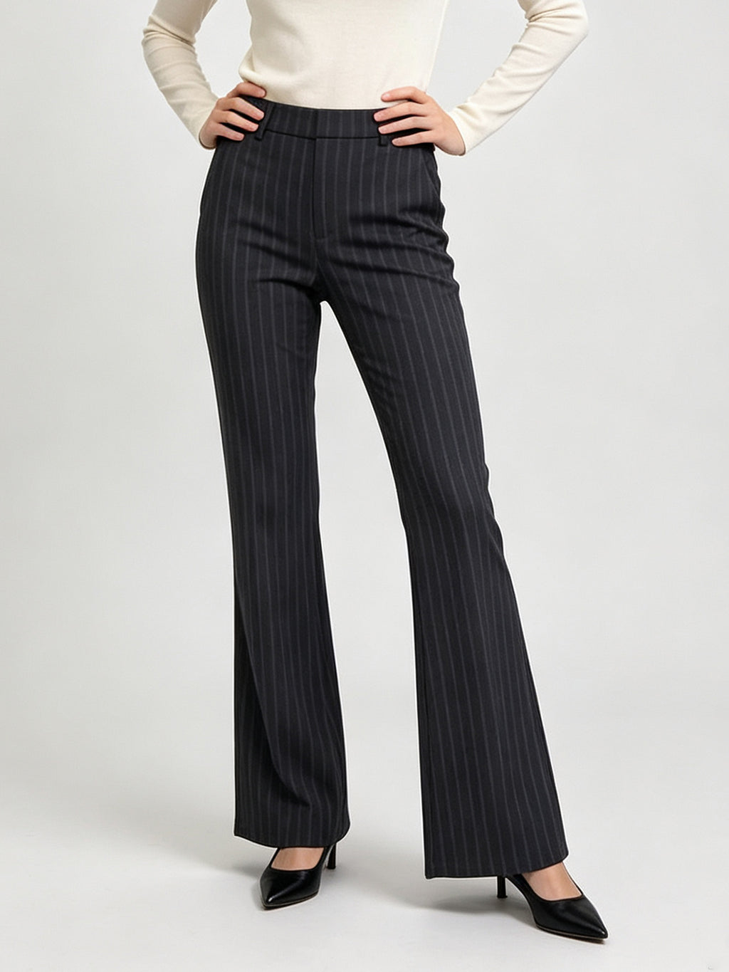 Elegant Striped Formal Suit for Women, Fitted Cropped Blazer, Neck Scarf Tie, High‑Rise Pants & Midi Skirt Office Matching Set