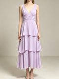 Women Light Purple V‑Neck Sleeveless Tiered Chiffon Midi Dress Ruched Waist Wedding Guest Party