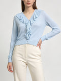 Chic Women Ruffled V‑Neck Knit Jacket, Long Sleeve Button‑Up Soft Lightweight Cardigan for Daily & Office