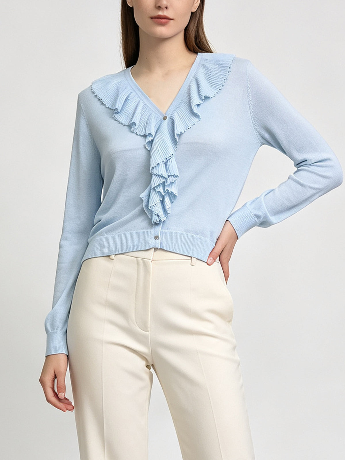 Chic Women Ruffled V‑Neck Knit Jacket, Long Sleeve Button‑Up Soft Lightweight Cardigan for Daily & Office
