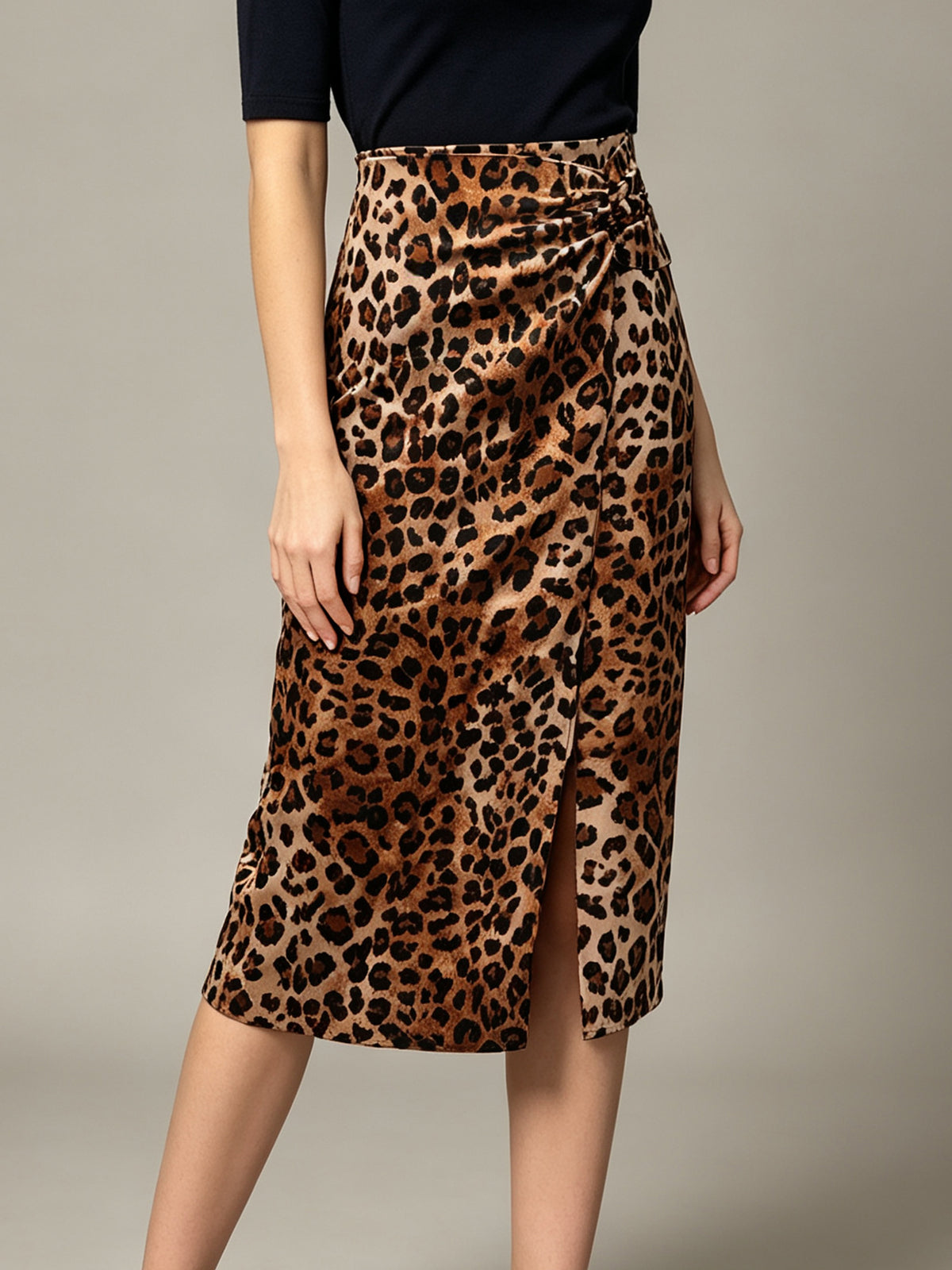 Women High‑Waist Leopard Print Satin Wrap Midi Skirt, Side Ruched Knot Front Slit Dressy Skirt