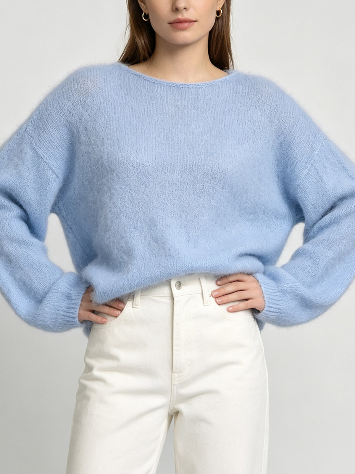 Chic Women Soft Fuzzy Pullover Sweater, Boat Neck Long Sleeve Relaxed Fit Knit Top for Autumn Winter