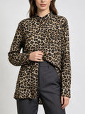 Ladies Leopard Print Stand Neck Button‑Up Blouse, Long Sleeve Loose Fit Chic Office Casual Shirt